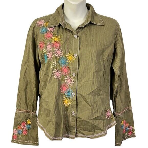 J Jill Womens Embroidered Long Sleeve Bell Sleeve Button Up Green Shirt Top sz 4 - Picture 1 of 16